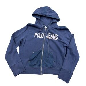 Vintage Polo Ralph Lauren Jeans Hoodie Women XL Navy Blue Full Zip Jacket Y2K